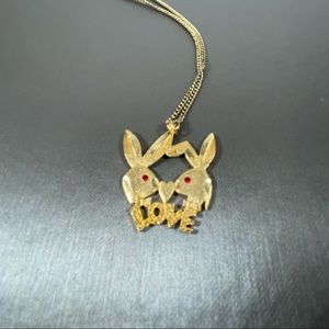 Gold Tone Red Rhinestone Playboy Bunny Necklace